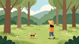 dog and person in a forest