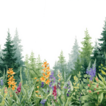 flowers and trees with a white sky