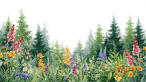 flowers and trees with a white sky