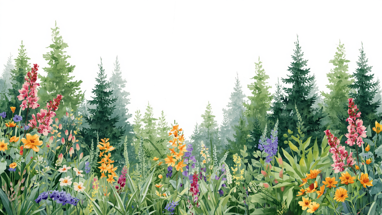 Flowers and Trees With a White Sky