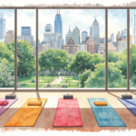 gym yoga with a city view illustration